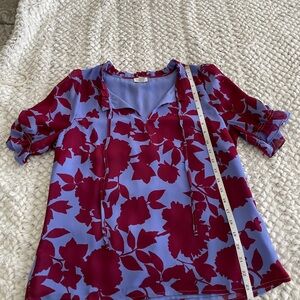 J. Crew Purple/Blue Blouse with Burgundy Floral Tie-Neck